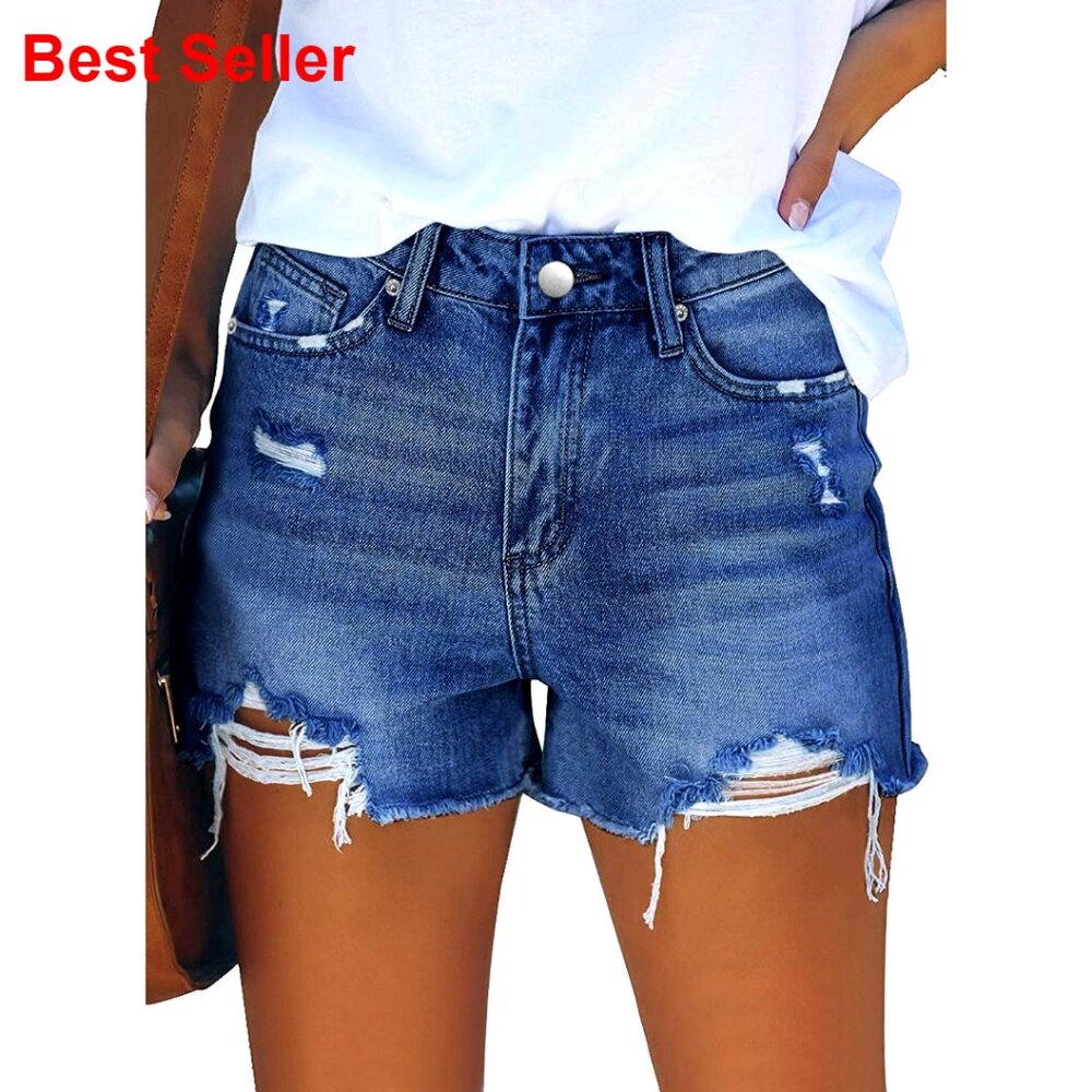 Mid-High Waisted Ripped Denim Shorts Stretchy Summer Jean Shorts